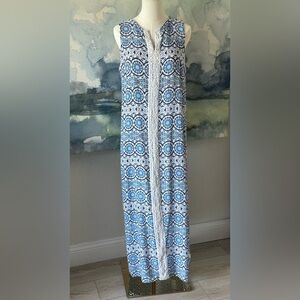 Caribbean Joe M Full Length Blue Dress with White Embellishments
